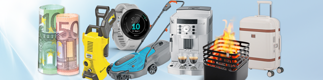 Bild mit verschiedenen Praemien. KÄRCHER, JBL Lautsprecher, 100 Euro, 50 Euro, Koffer, Messer und GARMIN Uhr.