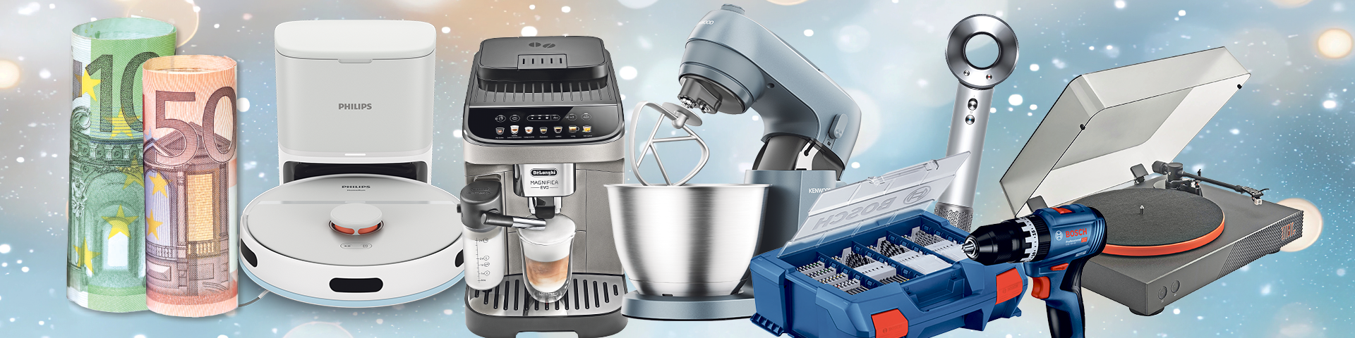 Bild mit verschiedenen Praemien. Heissluftfriteuse, Bose Lautsprecher, 100 Euro, 50 Euro, Apple Airpods, Koffer, Messerblock und Saugroboter.